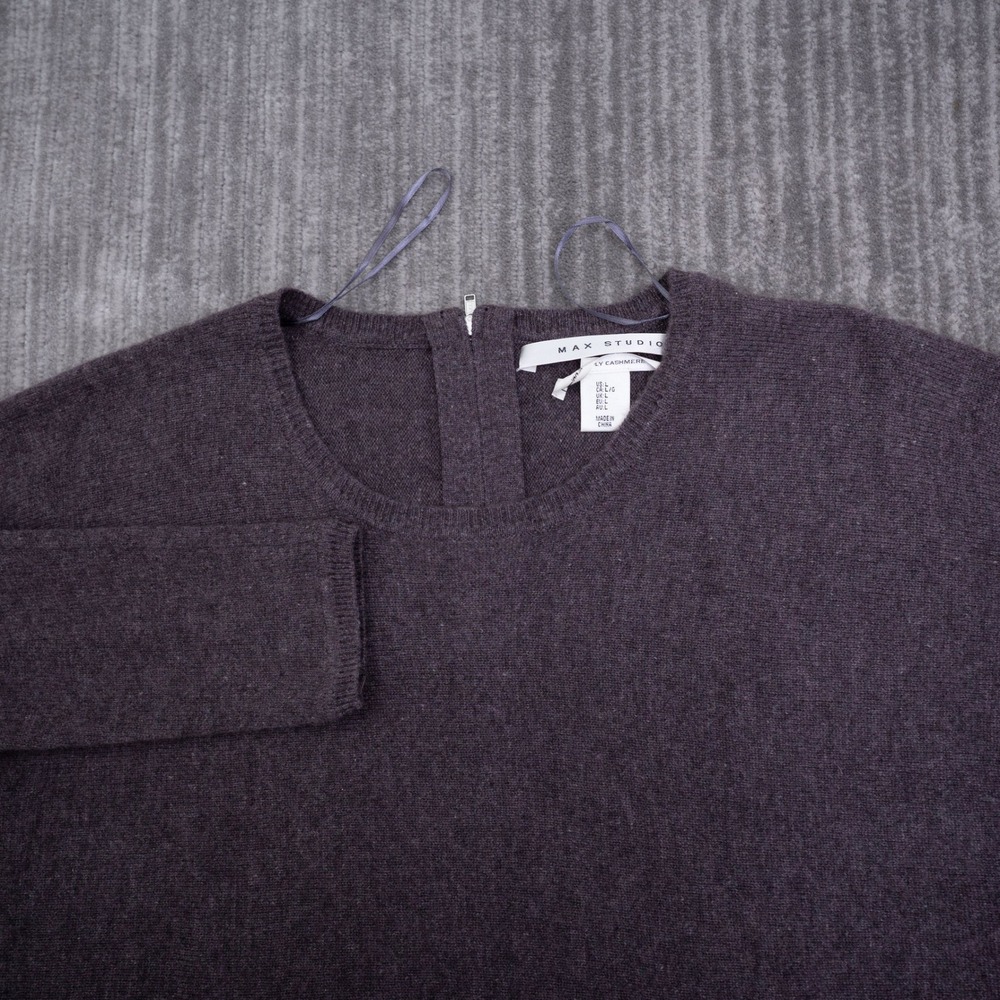 Max Studio Womens Cashmere Sweater Purple Back Zip Long Sleeve Crew Neck Large